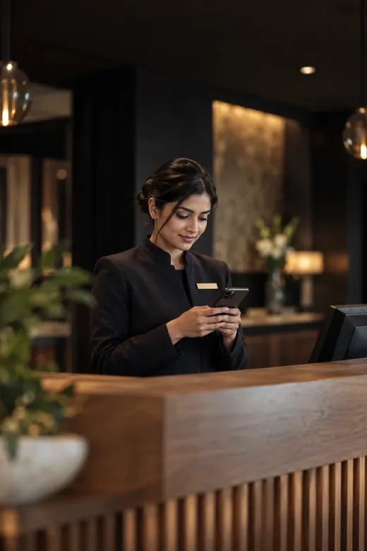 A hotel front-desk agent reading a short training lesson on her phone during a quiet moment in the lobby